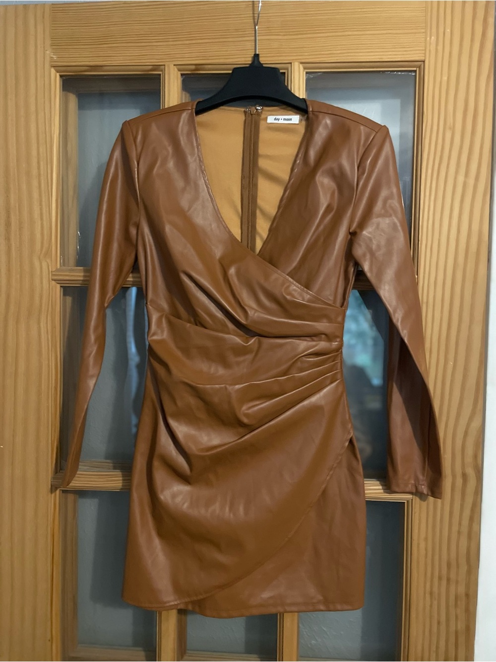 Vegan Leather Wrap Mini Dress in Cognac by